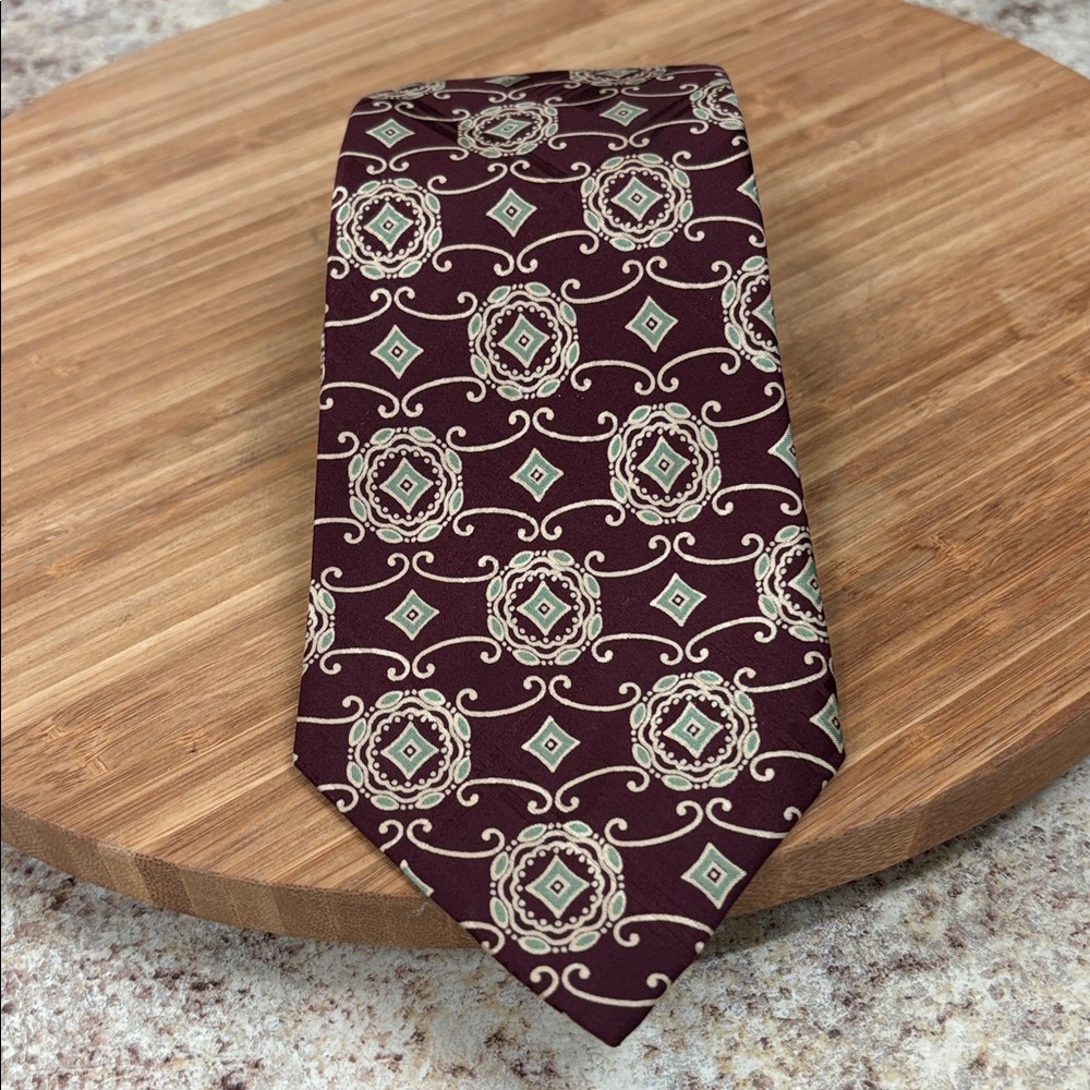 Polo by Ralph Lauren Burgundy Medallion Silk Tie with Green & Cream Accents